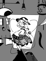 Rule 34 | 1girl, 3ma can omochi, bow, character name, commentary request, corded phone, crazy eyes, disembodied eye, doorway, frilled skirt, frilled sleeves, frills, from behind, full body, greyscale, hanging light, hat, hat bow, hatching (texture), komeiji koishi, light bulb, looking back, looking up, medium hair, monochrome, one eye closed, open mouth, phone, plant, ringed eyes, shadow, skirt, sleeves past fingers, sleeves past wrists, smile, solo, third eye, touhou, translation request, vines