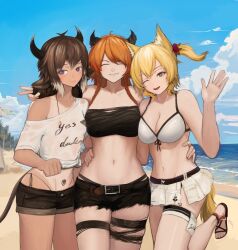 Rule 34 | 1boy, 2girls, ;d, ^ ^, animal ears, arknights, bandeau, bare arms, bare shoulders, beach, bikini, bikini skirt, bison (arknights), black shorts, blonde hair, blue sky, braid, breasts, brown hair, cleavage, closed eyes, clothes writing, cloud, commentary request, cowboy shot, croissant (arknights), croissant (seeker) (arknights), cutoffs, day, facing viewer, grey eyes, hand up, hexxle, highres, horns, large breasts, looking at viewer, midriff, multiple girls, navel, ocean, one eye closed, open mouth, orange hair, sandals, shirt, short hair, short shorts, shorts, skirt, sky, smile, sora (arknights), sora (summer flowers) (arknights), standing, stomach, strapless, swimsuit, thigh strap, thighs, tied shirt, tube top, twin braids, water, white bikini, white shirt, white skirt, wolf ears
