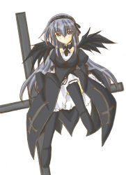Rule 34 | 00s, 1girl, black dress, black wings, dress, frills, full body, hairband, juliet sleeves, lolita hairband, long sleeves, looking at viewer, puffy long sleeves, puffy sleeves, rozen maiden, simple background, sitting, solo, suigintou, white background, wings, zero point