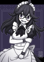 Rule 34 | 1girl, absurdres, ahoge, alternate costume, apron, blush, breasts, commentary request, creatures (company), game freak, glasses, hakusai (user nkkd7242), hand on own arm, hex maniac (pokemon), highres, looking at viewer, maid, maid apron, maid headdress, medium breasts, nintendo, open mouth, pokemon, pokemon xy, purple theme, smile, solo, sweat, wrist cuffs