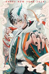 Rule 34 | 1boy, 2024, absurdres, alcohol, antlers, arm tattoo, black choker, black hair, black nails, chinese zodiac, choker, cigarette, cup, dated, dragon boy, dragon tattoo, ear piercing, earrings, english text, fang, grey background, grin, hair between eyes, hands up, haori, happy new year, highres, holding, holding cigarette, holding cup, hood, hood down, hoodie, horns, japanese clothes, jewelry, long hair, long sleeves, looking at viewer, low ponytail, male focus, multicolored background, multicolored hair, multiple rings, new year, original, outside border, piercing, pillarboxed, reaching, reaching towards viewer, ring, rope, sakazuki, sake, skin fang, slit pupils, smile, solo, split-color hair, tassel, tassel earrings, tattoo, upper body, white hair, white hoodie, whorled clouds, wide sleeves, xxx akc, year of the dragon, yellow eyes