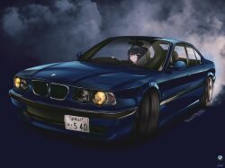 Rule 34 | 1girl, black eyes, black hair, blue archive, blue background, blue hairband, bmw, bmw m5, drifting, driving, frown, hairband, halo, highres, license plate, long hair, looking at viewer, motion blur, nougat (73r1r1), right-hand drive, smoke, ui (blue archive), vehicle focus