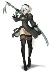 Rule 34 | 1girl, ass, bad id, bad pixiv id, breasts, cleavage, cleavage cutout, clothing cutout, dress, female focus, grey thighhighs, highres, leotard, leotard under clothes, nier (series), nier:automata, shiny skin, short hair, solo, standing, sword, thighhighs, thighs, two-sided fabric, two-sided skirt, weapon, white background, 2b (nier:automata)
