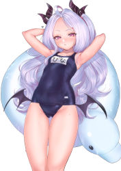 Rule 34 | 1girl, absurdres, ahoge, armpits, arms up, black one-piece swimsuit, blue archive, breasts, closed mouth, hair ornament, hairclip, highres, hina (blue archive), hina (swimsuit) (blue archive), holding, horns, inflatable toy, long hair, low wings, multiple horns, name tag, nanja, one-piece swimsuit, pink eyes, revision, school swimsuit, signature, simple background, small breasts, solo, swimsuit, thigh gap, wet, white background, white hair, wings