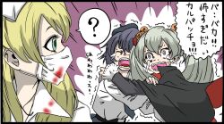 Rule 34 | 3girls, ?, anchovy (girls und panzer), anzio school uniform, belt, beret, black belt, black cape, black hair, black headwear, black jacket, black necktie, black skirt, blonde hair, cape, carpaccio (girls und panzer), closed eyes, crying, crying with eyes open, dress, dress shirt, drill hair, emphasis lines, fangs, frown, girls und panzer, green eyes, green hair, hair ornament, hair ribbon, halloween, halloween costume, hat, highres, hug, jack-o&#039;-lantern, jack-o&#039;-lantern hair ornament, jacket, long hair, long sleeves, looking at another, looking back, mask, mouth mask, multiple girls, necktie, nurse, nurse cap, pepperoni (girls und panzer), red cape, red eyes, red ribbon, ribbon, school uniform, shirt, short hair, skirt, skrmtl, spoken question mark, sweatdrop, t t, tears, translated, trembling, twin drills, twintails, two-sided cape, two-sided fabric, vampire costume, white dress, white shirt