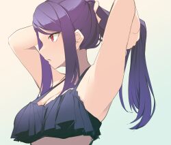 Rule 34 | 1girl, absurdres, adjusting hair, armpits, arms behind head, black bra, bra, breasts, commentary request, gradient background, highres, jill stingray, large breasts, long hair, open mouth, ponytail, profile, purple hair, red eyes, simple background, solo, swept bangs, underwear, underwear only, upper body, va-11 hall-a, yanagui