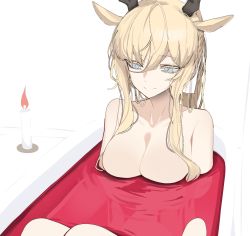 Rule 34 | 1girl, alcohol, animal ears, antlers, arknights, bathing, bathtub, blonde hair, blue eyes, breasts, candle, cleavage, closed mouth, collarbone, completely nude, deer antlers, deer ears, deer girl, fire, hair between eyes, highres, horns, knees up, large breasts, looking away, looking down, nude, partially submerged, ponytail, sidelocks, signal 1120, simple background, sitting, smile, solo, viviana (arknights), white background, wine
