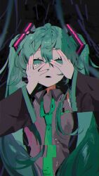 Rule 34 | 1girl, absurdres, collared shirt, commentary, detached sleeves, doping dance (vocaloid), frown, glitch, green hair, green nails, green necktie, grey shirt, hair ornament, half-closed eyes, hands on own face, hands up, hatsune miku, highres, long hair, looking at viewer, loose necktie, necktie, omutatsu, open mouth, peeking through fingers, shirt, sleeveless, sleeveless shirt, solo, straight-on, tearing up, upper body, vocaloid