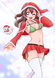 Rule 34 | 1girl, belt, bikini, black belt, boh stick, breasts, capelet, christmas, commentary, delicious party precure, english commentary, fur-trimmed capelet, fur-trimmed sleeves, fur trim, green bikini, halterneck, hand in own hair, hat, highres, kome-kome (precure), long hair, looking at viewer, medium breasts, microskirt, nagomi yui, one eye closed, open mouth, pleated skirt, precure, purple eyes, red capelet, red hat, red sleeves, santa hat, side-tie bikini bottom, skirt, smile, solo, standing, swimsuit, thighhighs, two side up, white thighhighs