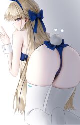 Rule 34 | 1girl, absurdres, animal ear hairband, animal ears, ass, bare shoulders, blonde hair, blue archive, blue eyes, blue hair, blue leotard, blush, bow, breasts, fake animal ears, fake tail, hair bow, hairband, heart, highres, kneeling, leotard, long hair, looking at viewer, medium breasts, multicolored hair, no halo, official alternate costume, playboy bunny, polcoco, profile, rabbit ear hairband, rabbit ears, rabbit tail, sideways glance, solo, strapless, strapless leotard, streaked hair, tail, thighhighs, toki (blue archive), toki (bunny) (blue archive), two-tone hair, v, very long hair, white thighhighs, wrist cuffs