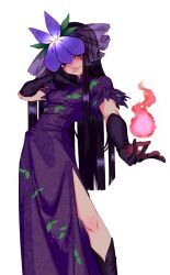 Rule 34 | 1girl, black eyes, black gloves, black hair, china dress, chinese clothes, dress, feet out of frame, flower, food print, fruit print, gloves, grape print, highres, long hair, purple dress, purple flower, short sleeves, simple background, smile, solo, sunny (kusoatama), touhou, unfinished dream of all living ghost, vine print, white background, yomotsu hisami