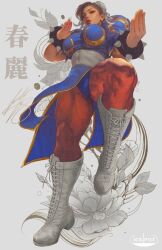 1girl boots bracelet breasts brown_hair capcom china_dress chinese_clothes chun-li dress earrings fighting_stance floral_background from_below hair_bun hair_ornament ickpot jewelry large_breasts lips muscular muscular_female pantyhose pelvic_curtain puffy_short_sleeves puffy_sleeves short_sleeves solo spiked_bracelet spikes standing standing_on_one_leg street_fighter thick_thighs thighs white_boots