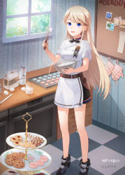 Rule 34 | 1girl, artist name, player character (mabinogi), black bow, black footwear, blonde hair, blue eyes, boots, bow, bulletin board, checkerboard cookie, chef, chocolate chip cookie, commission, cookie, day, drawing (object), egg, flour, food, high heel boots, high heels, highres, indoors, mabinogi, macaron, measuring cup, milk, mixing bowl, oven, oven mitts, photo (object), short sleeves, skirt, solo, standing, tagatsu, thumbprint cookie, tiered tray, tile floor, tiles, wafer stick, whisk, white skirt, window