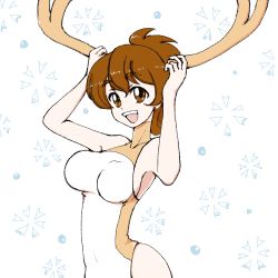 Rule 34 | 1girl, breasts, brown eyes, brown hair, cleavage, covered navel, cowboy shot, ebitama (ebitamamix), fake horns, girls und panzer, highres, horns, koyama yuzu, large breasts, long hair, looking at viewer, one-piece swimsuit, open mouth, ribbon, simple background, snowflakes, solo, standing, swimsuit, thigh gap, white background, white one-piece swimsuit