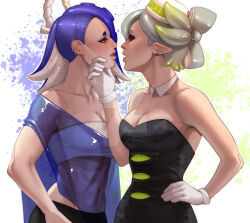 Rule 34 | 2girls, annasassiart, bare arms, bare shoulders, black dress, blue hair, breasts, cleavage, commentary, commission, dress, earrings, gloves, highres, long hair, marie (splatoon), midriff, multiple girls, nintendo, parted lips, pointy ears, see-through, shawl, shiver (splatoon), small breasts, splatoon (series), splatoon 3, strapless, strapless dress, tooth earrings, tube top, upper body, white background, white gloves