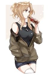 Rule 34 | 10s, 1girl, bad id, bad twitter id, bare shoulders, blonde hair, blue eyes, bomber jacket, breasts, coke bottle, cropped legs, dog tail, girls und panzer, glass bottle, gradient background, hair intakes, hand in pocket, highres, jacket, kay (girls und panzer), medium breasts, off shoulder, outside border, short ponytail, soda bottle, solo, tail, thighhighs, white thighhighs, yuuyu (777)