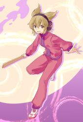 Rule 34 | 1girl, abstract background, alternate costume, breasts, brown eyes, clip studio paint (medium), drop shadow, earmuffs, full body, hair between eyes, holding, holding stick, light brown hair, long sleeves, looking at viewer, makuwauri, open mouth, pants, pink pants, pink sweater, pointy hair, puffy long sleeves, puffy sleeves, short hair, simple background, small breasts, solo, standing, standing on one leg, stick, sweater, touhou, toyosatomimi no miko, track suit