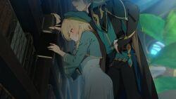 Rule 34 | 1boy, 1girl, absurdres, alhaitham (genshin impact), alternate costume, blonde hair, blush, book, bookshelf, cape, dress, genshin impact, green dress, grey hair, hair between eyes, height difference, highres, ia (ias1010), lumine (genshin impact), partially obscured, short hair, short hair with long locks, sidelocks, size difference, yellow eyes