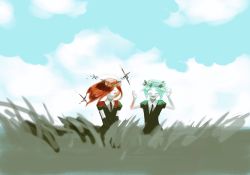 Rule 34 | 2others, androgynous, bad id, bad pixiv id, blue sky, cloud, colored eyelashes, colored skin, day, elbow gloves, closed eyes, flower wreath, gem uniform (houseki no kuni), gloves, grass, green hair, highres, houseki no kuni, mercury (element), multiple others, necktie, open mouth, outdoors, phosphophyllite, red hair, cinnabar (houseki no kuni), short hair, sky, smile, white skin