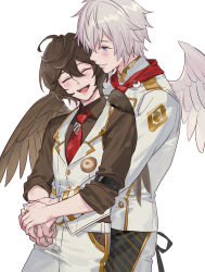 Rule 34 | 2boys, ahoge, bishounen, blue eyes, brown hair, brown shirt, brown wings, chef, closed eyes, commentary, commentary request, cowboy shot, feathered wings, granblue fantasy, grin, hair between eyes, highres, hug, hug from behind, jacket, jewelry, light blush, light smile, lucifer (shingeki no bahamut), male focus, messy hair, multiple boys, neckerchief, necktie, official alternate costume, parted lips, red neckerchief, red necktie, ring, sandalphon (granblue fantasy), shirt, short hair, sleeves rolled up, smile, teeth, tekki (tki), upper body, upper teeth only, vest, wedding ring, white hair, white jacket, white vest, white wings, wings, yaoi