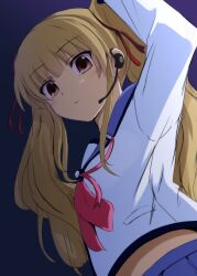 Rule 34 | 1girl, angel beats!, arm up, blonde hair, blue background, blue sailor collar, blunt bangs, brown eyes, closed mouth, commentary, earpiece, expressionless, eyes visible through hair, from below, hair ribbon, highres, lelie (lelie link), light blush, long hair, long sleeves, looking at viewer, neckerchief, pink neckerchief, red ribbon, ribbon, sailor collar, scar, scar across eye, shinda sekai sensen uniform, shirt, simple background, solo, twintails, upper body, wavy hair, white shirt, yusa (angel beats!)