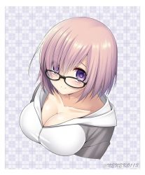 Rule 34 | 1girl, black-framed eyewear, blush, breasts, checkered background, cleavage, closed mouth, collarbone, fate/grand order, fate (series), hair over one eye, hood, hoodie, large breasts, light purple hair, looking at viewer, mash kyrielight, naked sweater, purple eyes, short hair, smile, solo, suzuki nene, sweater, tareme, twitter username, upper body