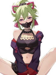 Rule 34 | 1girl, amco, bare shoulders, black shirt, black shorts, breasts, commentary, crop top, genshin impact, green hair, hair between eyes, highres, indian style, jacket, kuki shinobu, long sleeves, looking at viewer, mask, medium breasts, midriff, mouth mask, navel, off shoulder, open clothes, open jacket, ponytail, purple eyes, purple jacket, shirt, short hair, short shorts, shorts, simple background, sitting, sleeveless, sleeveless shirt, solo, stomach, thighs, white background