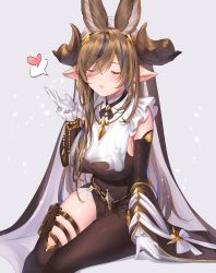 Rule 34 | 1girl, absurdres, animal ears, asymmetrical legwear, blowing kiss, blue hair, blush, breasts, brown hair, closed eyes, detached sleeves, dress, galleon (granblue fantasy), gloves, granblue fantasy, hand up, heart, highres, holster, horns, large breasts, long hair, multicolored hair, open mouth, pointy ears, pouch, single leg pantyhose, single thighhigh, sitting, sleeveless, sleeveless dress, solo, spoken heart, streaked hair, thigh holster, thighhighs, uneven legwear, white gloves, yuntae