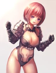 Rule 34 | 1girl, :d, armor, bare shoulders, bikini armor, blunt bangs, breasts, cleavage, clenched hand, clothing cutout, cowboy shot, gauntlets, gluteal fold, grey background, highleg, large breasts, looking at viewer, navel, navel cutout, nishizawa, open mouth, original, purple eyes, red hair, short hair, sidelocks, simple background, smile, solo, standing, stomach