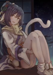 Rule 34 | 1girl, ainu clothes, animal ears, aquaplus, ass, bare legs, black hair, blush, boots, breasts, cat tail, cloud, cloudy sky, dress, eyes visible through hair, from side, full body, grabbing own thigh, gradient eyes, hair between eyes, hair ornament, hand on own leg, hands on own thighs, head tilt, high ponytail, knees up, konkon, kuon (utawarerumono), layered sleeves, leg grab, legs together, long hair, long sleeves, looking to the side, multicolored eyes, night, night sky, open mouth, orange sash, ponytail, raised eyebrows, sash, scarf, sidelocks, sitting, sky, small breasts, solo, star (sky), starry sky, tail, thigh grab, thighs, utawarerumono, utawarerumono: itsuwari no kamen, very long hair, white tail, wide sleeves, yellow eyes, yellow scarf