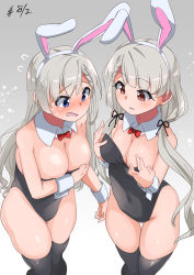 Rule 34 | adjusting clothes, adjusting leotard, animal ears, areola slip, black legwear, black leotard, black ribbon, blue eyes, blush, bow, bowtie, braid, breast hold, breasts, brown eyes, cleavage, collar, commentary, covered navel, dated, detached collar, fake animal ears, flying sweatdrops, frown, gradient background, grey background, hair ribbon, highres, hisakawa hayate, hisakawa nagi, idolmaster, idolmaster cinderella girls, leotard, long hair, looking at another, low twintails, medium breasts, open mouth, playboy bunny, rabbit ears, red bow, red bowtie, ribbon, siblings, side-by-side, silver hair, sisters, skindentation, standing, strapless, strapless leotard, swept bangs, thigh gap, thighhighs, twins, twintails, very long hair, white collar, wing collar, wrist cuffs, yuuichi (reductionblack)