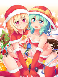 Rule 34 | 2girls, :d, alternate costume, bikini, blonde hair, blue eyes, blue hair, blush, bow, breasts, capelet, christmas, cleavage, closed mouth, elbow gloves, flandre scarlet, gloves, hand on another&#039;s hip, hat, hat bow, heart, heart-shaped pupils, kneeling, komeiji koishi, looking at viewer, multiple girls, nagomian, nose blush, open mouth, purple eyes, red bikini, red gloves, red headwear, red legwear, santa hat, side-tie bikini bottom, small breasts, smile, star (symbol), striped bikini, striped clothes, swimsuit, symbol-shaped pupils, thighhighs, third eye, touhou, yellow bow