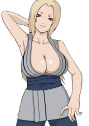 Rule 34 | 1girl, arm behind head, arm up, armpits, blonde hair, blue pants, breasts, brown eyes, cleavage, collarbone, female focus, flowerinhell, grey shirt, hand on own hip, large breasts, long hair, looking at viewer, naruto, naruto (series), naruto shippuuden, pants, ponytail, shirt, sleeveless, sleeveless shirt, smile, solo, standing, tsunade (naruto), white background