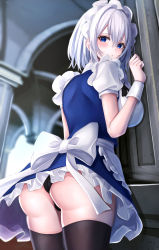 Rule 34 | 1girl, 7saki, absurdres, apron, ass, back, back bow, bad id, bad pixiv id, black panties, black thighhighs, blue dress, blue eyes, blurry, blurry background, blush, bow, braid, breasts, carpet, closed mouth, commentary request, door, dress, embarrassed, frills, from behind, grey apron, grey hair, hair between eyes, hands up, highres, indoors, izayoi sakuya, looking at viewer, looking back, looking down, maid, maid headdress, mansion, medium breasts, panties, pantyshot, puffy short sleeves, puffy sleeves, scarlet devil mansion, shirt, short hair, short sleeves, solo, standing, teeth, thighhighs, touhou, twin braids, underwear, white bow, white shirt, wrist cuffs