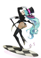 Rule 34 | 1girl, aqua eyes, aqua hair, ass, boots, gloves, hair ribbon, hat, hatsune miku, headphones, highres, leotard, long hair, looking back, magician, miracle paint (vocaloid), musical note, pantyhose, ponytail, project diva, project diva (series), ribbon, simple background, solo, thigh boots, thighhighs, top hat, toro3, very long hair, vocaloid