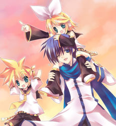 Rule 34 | 1girl, 2boys, arms up, belt, blonde hair, blue eyes, blue hair, brother and sister, carrying, detached sleeves, full body, kagamine len, kagamine rin, kaito (vocaloid), long sleeves, looking at viewer, multiple boys, paco, pointing, pointing forward, sailor collar, scarf, school uniform, serafuku, shirt, short hair, shoulder carry, siblings, spiked hair, twins, upper body, vocaloid, white shirt