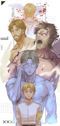 1boy, adjusting eyewear, age progression, back, beard, blonde hair, blood, blood splatter, child, collarbone, completely nude, crying, crying with eyes open, facial hair, glasses, hand up, highres, looking at viewer, male focus, mappo m2, muscular, muscular male, nipples, no pupils, nude, paradis military uniform, pectorals, round eyewear, shingeki no kyojin, short hair, spoilers, tears, upper body, wind, younger