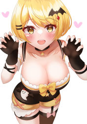 Rule 34 | 1girl, asymmetrical legwear, bare shoulders, bat hair ornament, bat wings, blonde hair, blush, breasts, choker, claw pose, cleavage, collarbone, cowboy shot, fingerless gloves, from above, garter straps, ghost, gloves, hair ornament, hairclip, heart, highres, hololive, large breasts, looking at viewer, onabe no shime, open mouth, orange eyes, revealing clothes, short hair, short shorts, shorts, simple background, single thighhigh, smile, solo, star (symbol), star choker, swept bangs, thigh strap, thighhighs, vampire, virtual youtuber, white background, wings, yellow eyes, yozora mel, yozora mel (2nd costume)