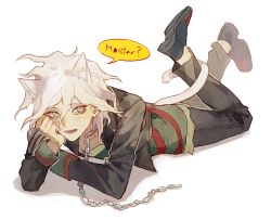 Rule 34 | 1boy, animal ears, black footwear, black jacket, black pants, cat ears, cat tail, chain, cheek rest, collar, collarbone, commentary request, cropped jacket, danganronpa (series), danganronpa 3 (anime), facial mark, feet up, green shirt, hair between eyes, io (sinking=carousel), jacket, kemonomimi mode, komaeda nagito, long sleeves, looking at viewer, lying, male focus, metal collar, on stomach, open mouth, pants, red shirt, shirt, shoes, simple background, solo, speech bubble, striped clothes, striped shirt, tail, two-tone shirt, whisker markings, white background