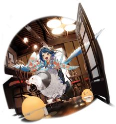 Rule 34 | 1girl, apron, artist request, azur lane, blue hair, blue kimono, blue wings, blush, chair, coffee, coffee cup, cup, disposable cup, drink, dutch angle, frilled apron, frills, grey eyes, hakama, highres, indoors, japanese clothes, kimono, looking at viewer, maid, maid apron, maid headdress, manjuu (azur lane), official alternate costume, official art, open mouth, plate, print kimono, shoes, spilling, transparent background, tray, tripping, wa maid, wakatsuki (azur lane), wakatsuki (slapdash blue sparrow) (azur lane), white apron, wings