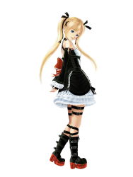 Rule 34 | 1girl, absurdres, black footwear, blonde hair, boots, bow, bowtie, choker, cross-laced footwear, dead or alive, dead or alive 5, derivative work, detached sleeves, dress, fingerless gloves, frills, full body, gloves, gothic lolita, hairband, highres, knee boots, kukikudan, lace-up boots, lolita fashion, long sleeves, looking at viewer, looking to the side, marie rose, platform footwear, ribbon, simple background, smile, solo, thigh strap, twintails, white background