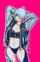 Rule 34 | 1girl, :d, angel (kof), antenna hair, arms behind head, arms up, blue eyes, breasts, chaps, cleavage, collarbone, cowboy shot, eyelashes, hair over one eye, highres, jacket, legs apart, long sleeves, looking at viewer, medium breasts, navel, open clothes, open jacket, open mouth, outline, pink background, poririna, raglan sleeves, short hair, silver hair, simple background, smile, solo, the king of fighters, twitter username, unzipped, zipper, zipper pull tab