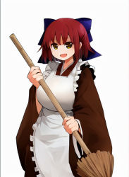 Rule 34 | 1girl, :d, apron, arano oki, blue bow, bow, breasts, broom, brown eyes, brown kimono, commentary request, frilled apron, frills, hair between eyes, hair bow, highres, holding, holding broom, japanese clothes, kimono, kohaku (tsukihime), long sleeves, looking at viewer, maid, maid apron, medium breasts, open mouth, red hair, simple background, smile, solo, tsukihime, wa maid, white apron, white background, wide sleeves