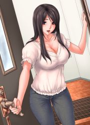 Rule 34 | 1girl, black hair, breasts, cleavage, denim, door, highres, jeans, kill time communication, large breasts, long hair, looking at viewer, mature female, mole, open mouth, original, pants, purple hair, rokko, rug, smile, solo