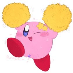 Rule 34 | 1girl, artist name, blue eyes, blush, blush stickers, censored, cheering, cheerleader, dancing, female focus, hair ornament, happy, heart, heart-shaped tongue, heart censor, jumping, kirby, kirby (series), motion lines, nintendo, no humans, one eye closed, open mouth, pervoborb, pointless censoring, pom pom (cheerleading), pussy, pussy juice, simple background, solo, star-shaped pupils, star (symbol), star hair ornament, sweat, symbol-shaped pupils, wet, white background, wink