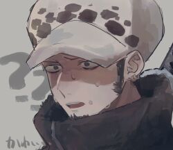 Rule 34 | 1boy, ?, ??, black coat, close-up, coat, collared coat, commentary, earrings, facial hair, goatee, hat, highres, jewelry, looking to the side, machida 0906, male focus, one piece, sideburns, solo, sweatdrop, sword, trafalgar law, weapon, white hat