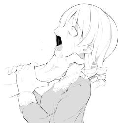 Rule 34 | 1boy, 1girl, asphyxiation, bad id, bad twitter id, constricted pupils, crying, dress, drill hair, greyscale, hand on another&#039;s neck, idolmaster, idolmaster cinderella girls, medium hair, monochrome, morikubo nono, open mouth, out of frame, producer (idolmaster), profile, ringlets, ryona, saliva, simple background, sketch, solo focus, strangling, streaming tears, sweat, tears, tongue, uccow, upper body, veins