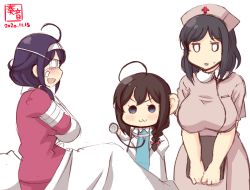 Rule 34 | 3girls, :3, aged down, ahoge, alternate costume, arm sling, artist logo, bandaged arm, bandages, black hair, blanket, blue eyes, braid, brown hair, cast, child, clipboard, commentary request, dated, doctor, eyepatch, hair over shoulder, hairband, hat, highres, holding, holding clipboard, kanon (kurogane knights), kantai collection, lab coat, low twintails, multiple girls, nurse, nurse cap, open mouth, pillow, purple hair, ryuuhou (kancolle), shigure (kancolle), short hair, simple background, single braid, smile, stethoscope, taigei (kancolle), twintails, white background, white hairband, yamashiro (kancolle)