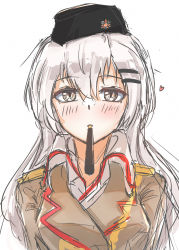 Rule 34 | 1girl, absurdres, black headwear, blush, brown jacket, food, girls&#039; frontline, grey eyes, hat, heart, heart print, highres, incoming pocky kiss, jacket, long hair, looking at viewer, military, military hat, military uniform, muteppona hito, pocky, pocky kiss, shared food, shirt, silver hair, solo focus, star (sky), svd (girls&#039; frontline), uniform, white background, white shirt
