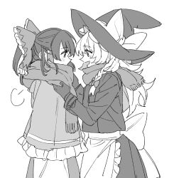 Rule 34 | 2girls, apron, blush, bow, braid, commentary request, eye contact, frilled bow, frilled hair tubes, frills, gloves, greyscale, hair bow, hair tubes, hakurei reimu, hat, hat bow, highres, kirisame marisa, long hair, long sleeves, looking at another, mero (starfish jcs), monochrome, multiple girls, open mouth, scarf, side braid, single braid, smile, touhou, waist apron, witch hat